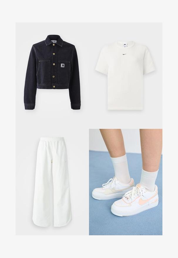 Chaqueta de mezclilla oscura recortada con un cuello puntiagudo, botones dorados, dos bolsillos frontales y un parche con el logo de la marca en el bolsillo izquierdo.; Camiseta blanca de canalé con un escote redondo y mangas cortas. Presenta un pequeño logo negro de Nike en el pecho. Tejido texturizado con una forma ajustada.; Pantalones deportivos blancos de pierna ancha con una cinturilla acanalada y un sutil detalle de logo. Tela suave con un ajuste relajado y dobladillo ajustado.; Zapatillas blancas con acentos durazno, parte superior de cuero suave, punta perforada, suela texturizada y cordones. Usadas con calcetines blancos hasta la mitad en una superficie azul.