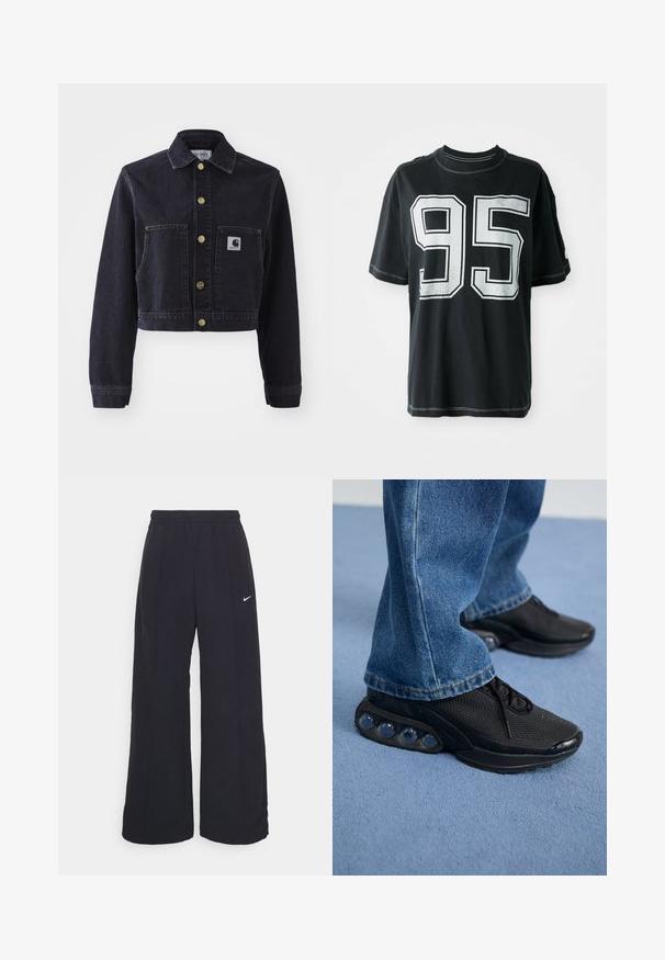 Tmavě modrá zkrácená bunda z džínoviny s ostrým límcem, zlatými knoflíky, dvěma předními kapsami a nášivkou s logem značky na levé kapse.; Černé bavlněné tričko s krátkým rukávem, na přední straně s bílým potiskem čísla "95" a kontrastním šitím podél okrajů.; Černé kalhoty s širokými nohavicemi, elastickým pasem a malým bílým logem Nike. Tkanina má hladkou strukturu, navrženou pro pohodlí a každodenní nošení.; Černé sportovní tenisky s síťovaným svrškem, texturovanými akcenty a viditelnými vzduchovými polštářky v podešvi. Nosené s modrými denimovými džíny.