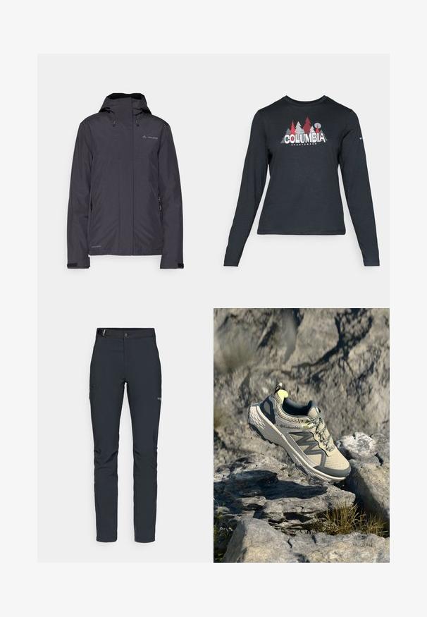 Waterproof black jacket with a hood, adjustable drawstrings, and zippers on the sides. Made from lightweight, smooth fabric.; Long-sleeve dark gray shirt with a graphic of red trees and mountains; "COLUMBIA" logo in bold white text. Soft fabric, standard crew neck.; Men's outdoor pants, dark gray, made from flexible material, featuring a belt, zippered pockets, and reinforced stitching.; Columbia trail running shoe in light beige and gray. Mesh upper with textured detailing, rubber outsole, and reflective accents. Lightweight design.