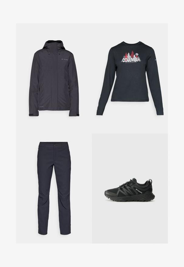 Vodootporna črna jakna s kapuco, nastavljivimi vrvicami in zadrgami na straneh. Narejena iz lahke, gladke tkanine.; Majica z dolgimi rokavi temno siva z grafiko rdečih dreves in gora; logotip "COLUMBIA" v krepki beli barvi. Mehka tkanina, standarden krojen ovratnik.; Mornarji modri hlače iz gladkega blaga, z zapiranjem na gumb spredaj, tesno prilegnjenim krojem in gubami na kolenih.; Columbia PEAKFREAK - Pohodniški čevlji - black