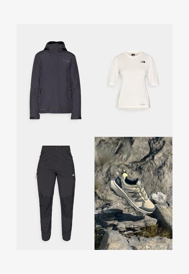 Veekindel must jakk kapuutsiga, reguleeritavate kummipaeladega ja külgedel lukud. Valmistatud kerge ja siledast kangast.; The North Face SHADOW SHORT SLEEVE - Spordi T-särk - white dune; Must black välitingimustes püksid, mis on valmistatud vastupidavast kangast. Omavad lukugaTaskuid, tugevdatud põlvepaneele ja sirget lõiget liikuvuse tagamiseks.; Columbia jooksutossud heledas beežis ja hallis. Võrk ülemine osa tekstuuri detailidega, kummist välistald ja peegeldavad aktsendid. Kerge disain.