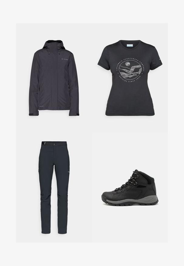 Waterproof black jacket with a hood, adjustable drawstrings, and zippers on the sides. Made from lightweight, smooth fabric.; Black Columbia t-shirt with white circular mountain and river line art and text "Columbia Sportswear Company Outside Since 1938."; Men's outdoor pants, dark gray, made from flexible material, featuring a belt, zippered pockets, and reinforced stitching.; Black hiking boot with a mid-top design, featuring a textured upper, gray accents, and durable rubber sole with traction lugs.