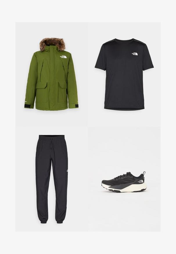 Alyvuogių žalia parka su pūkinėmis gaubtu, dviem priekinėmis kišenėmis, reguliuojamais rankogaliais ir logotipu kairėje krūtinės pusėje. Tekstūruotas audinys.; Juodas trumpas rankovės marškinėliai, pagaminti iš lengvos medžiagos. Yra mažas baltas logotipas kairiajame krūtinės pusėje ir subtilūs pečių akcentai.; Juodos sportinės kelnės, pagamintos iš lengvos medžiagos, su raišteliu liemens srityje, šoniniais kišenėmis ir siaurėjantys apykaklės prie kulkšnies.; Juodas sportinis batelis su tekstūruotu tinkleliu, solidžiai juodais akcentais ir lengvu baltu padu. Yra raištelių uždarymas ir trauktukas.