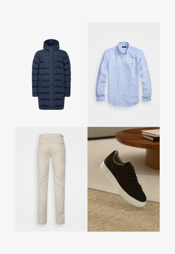 Navy puffer coat featuring a quilted design, full zip closure, and adjustable hood. Includes side pockets and a longer silhouette for coverage.; Blue and white striped long-sleeve shirt made of cotton, featuring a button-down collar, front buttons, and a small embroidered logo on the chest.; Beige trousers with a smooth texture, straight cut, two back pockets with buttons, and a standard waistband.; Black sneaker with white sole floating above beige textured rug near round wooden table with stacked books.