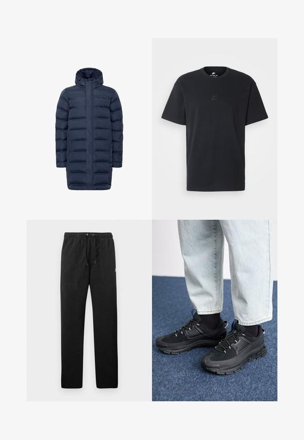 Námornícka páperová bunda s prešívaným dizajnom, plným zipsom a nastaviteľnou kapucňou. Obsahuje bočné vrecká a dlhší strih pre dodatočné zakrytie.; Čierne bavlnené tričko Nike s klasickým okrúhlym výstrihom, krátkymi rukávmi a jemne embosovaným logom na hrudi. Hladká textúra.; Čierne teplákové nohavice vyrobené z flísu, s elastickým pásom a šnúrkami na zaväzovanie, dvoma prednými vreckami a malým logom na stehne.; Čierne športové topánky s textúrovanou tkaninou a gumovou podrážkou, so elastickými šnúrkami a modrým akcentom na päte. Nosia sa s svetlými riflami.