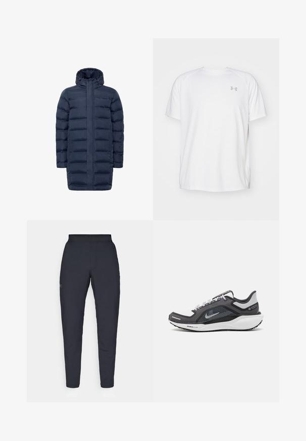 Marine blauwe pufferjas met een doorgestikt ontwerp, volledige ritsenclosure en verstelbare capuchon. Inclusief zijzakken en een langere silhoutte voor extra bedekking.; Witte sportieve T-shirt met korte mouwen, gemaakt van gladde stof. Heeft een ronde hals en een grijs logo op de linkerkant van de borst, met zijsplitten aan de zoom.; Zwarte sportbroeken met een gladde textuur, slanke pasvorm, elastische tailleband en zijzakken. Bevat een klein logo op het linkerdij.; Zwarte en grijze sportschoen met een bovenwerk van mesh, reflecterende accenten en een witte tussenzool. Beschikt over een gestructureerde rubberen zool en veters.