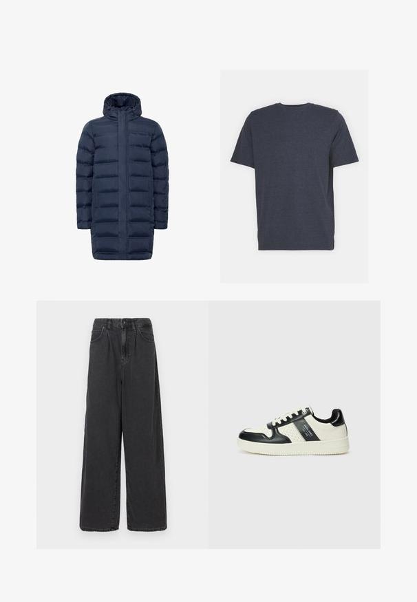 Marine blauwe pufferjas met een doorgestikt ontwerp, volledige ritsenclosure en verstelbare capuchon. Inclusief zijzakken en een langere silhoutte voor extra bedekking.; Navyblauwe crew neck T-shirt van zachte katoenmixstof, met korte mouwen en een normale pasvorm. Geen zichtbare patronen of accenten.; Brede pijpen, hooggewaste zwarte denim broek met een sluiting met een knoop en rits aan de voorkant, voorzien van zijzakken en een soepele textuur.; Leren sneakers met een zwart en crèmekleurig kleurenschema, voorzien van geperforeerde accenten, een gevoerde kraag en een gestructureerde buitenzool.