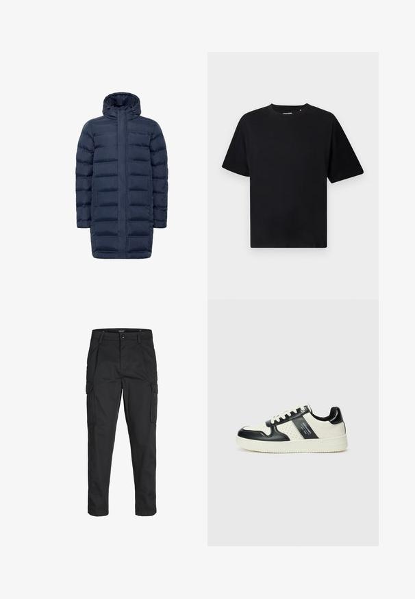 Cămașă cu umplutură de navy, cu un design matlasat, închidere cu fermoar pe toată lungimea și glugă ajustabilă. Include buzunare laterale și o siluetă mai lungă pentru acoperire.; Tricou negru cu mânecă scurtă, de tip crew neck, cu o croială lejeră, afișat pe un fundal alb.; Pantaloni cargo negri dintr-un material rezistent, cu multiple buzunare, închidere cu nasture și un design slim fit cu picioare conice.; Tenisi din piele cu un scheme de culori negru și crem, dotati cu accente perforate, guler căptușit și o talpă texturată.