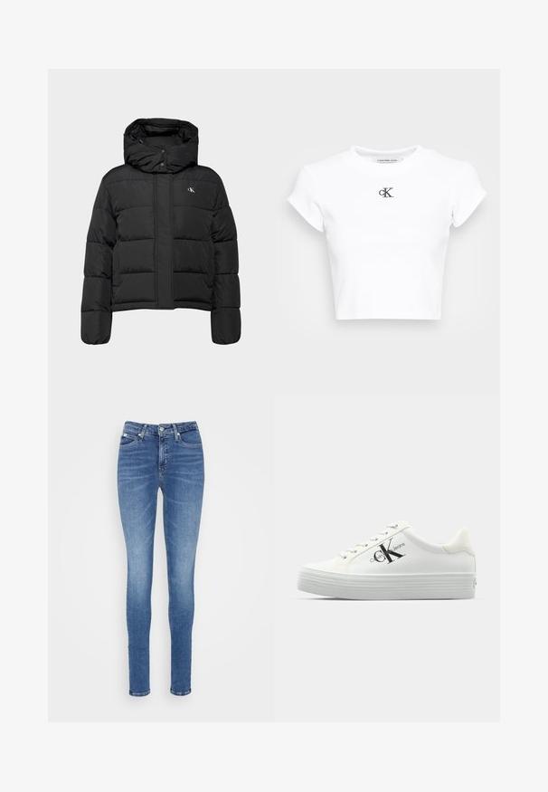 Calvin Klein Jeans MATTE MONOLOGO PUFFER SHORT - Casaco de inverno - black; T-shirt branco cortado, feito de tecido canelado. Apresenta um decote redondo e mangas curtas. Logotipo "cK" preto bordado no peito.; Jeans skinny em denim azul médio, com uma cintura alta, textura suave, dois bolsos frontais e um bolso traseiro.; Tênis plataforma brancos com parte superior sintética lisa, atacadores tonais e um logotipo preto. A sola de borracha elevada possui sulcos horizontais para tração.