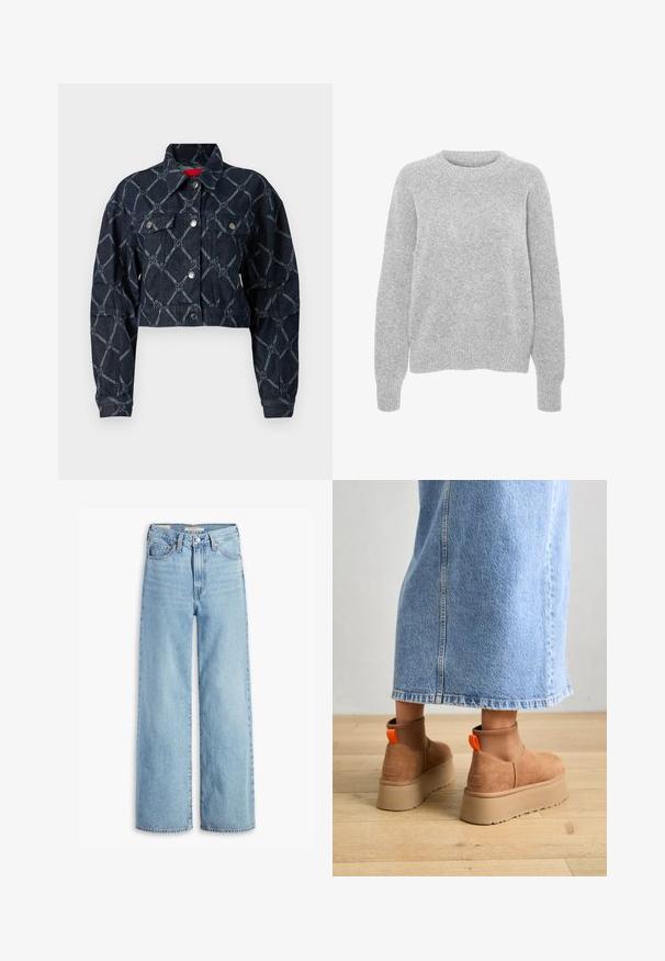 Cropped denim jacket in dark blue with geometric stitched pattern, silver hardware, and two front pockets. Textured fabric with a classic collar.; Gray knitted sweater with long sleeves, round neckline, ribbed cuffs and hem, featuring a soft texture and relaxed fit.; High-waisted, light blue wide-leg jeans with front button and zipper, belt loops, and five-pocket styling.; Brown suede platform boots with elastic side panels and orange pull tabs, paired with a knee-length light denim skirt on a wooden floor.