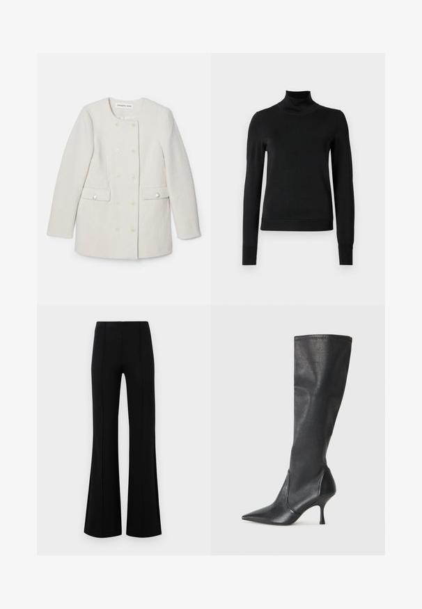 Divpusējais baltais mētis ar teksturētu audumu, apaļu apkakli un divām priekšējām kabatām, dekoratīvo pogu akcentiem.; Melnas garām piedurknēm turtlenecks džemperis ar ribotām aprocēm un apakšmali, attēlots uz vienkārša balta fona.; Melnas platas bikses ar augsto jostasvietu, izgatavotas no elastīga auduma. Satur vertikālas šuvju detaļas priekšpusē un gludu tekstūru.; Ceļa auguma melni ādas zābaki ar smailu purngalu un šauru stiletto papēdi. Gluda tekstūra ar pieguļošu dizainu un izšuvumiem augšējā malā.
