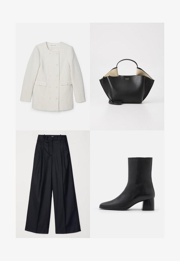 Double-breasted white coat with a textured fabric, round collar, and two front pockets, featuring decorative button accents.; Black long-sleeve top made of soft fabric, featuring a round neckline and a relaxed fit with side slits at the hem for ease of movement.; Black wide-leg trousers made of smooth fabric, featuring a high waist, pleats, and a tailored design. Simple black hardware at the waist.; Black leather ankle boot with a pointed toe and a chunky square heel. Smooth texture with a seamless design and minimalistic stitching.; Ree Projects ANN TOTE MINI - Handbag - black