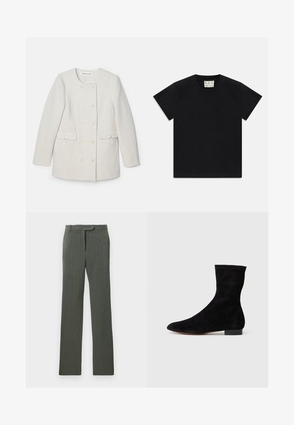 Dubbelzijdige witte jas van een textuurstof, met een ronde kraag en twee voorzakken, voorzien van decoratieve knoopaccenten.; Zwarte t-shirt met korte mouwen en ronde hals met een wit label binnen in de kraag, waarop "D.R.C. EST. 2002" staat, tegen een witte achtergrond.; Donkergrijze pinstripe op maat gemaakte broeken met riemlus en een rechtvallende pasvorm, platgelegd op een witte achtergrond.; Zwarte suède enkelboot met een aansluitende schacht, puntige neus en een lage blokhak. Gladde textuur en minimalistisch ontwerp, geschikt voor veelzijdige styling.