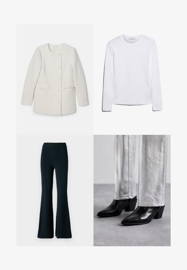 Dvivietis baltas paltas su tekstūruotu audiniu, apvaliu apykakle ir dviem priekinėmis kišenėmis, puošniais mygtukų akcentais.; Balta ilga rankovė T-marškiniai, pagaminti iš dryžuoto medvilnės, su apvaliu kaklu ir tiesia apatine dalimi. Paprastas dizainas be raštų ar akcentų.; Išplatintos juodos kelnės su raukšlėtu liemeniu, tekstūruotas audinys ir vertikali siūlės detalizacija. Yra prigludusi viršutinė dalis ir išplatintas apatinis dizainas.; Juodos odinės aulinės botai su smailiu pirštu ir blokuotu kulnu, derinami su blizgiais sidabro spalvos kelnėmis, atskleidžiančiais glotnias tekstūras ir kontrastingas spalvas.