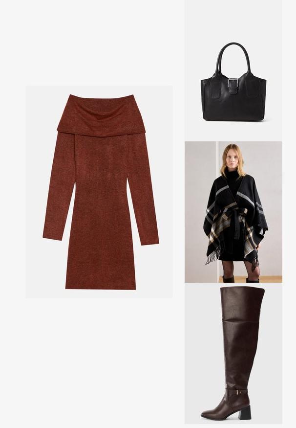 Anna Field Poncho - black; Rochie cu umerii la vedere, cu mâneci lungi, dintr-un material de culoare ruginie; prezintă un decolteu drapat cu un finisaj moale și texturat.; Botă din piele maro închis, până la genunchi, cu toc bloc și detalii decorative sub formă de curea pe lateral, prezentată pe un fundal simplu, deschis la culoare.; Geantă tote din piele neagră cu textură netedă, formă structurată, două mânere și un detaliu proeminent din aliaj de argint pe partea din față.