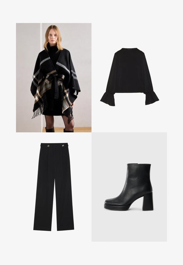 Anna Field Skraistė - black; Juoda ilgomis rankovėmis palaidinė su išsiplėtusiais rankogaliais, minkšta tekstūra ir laisva forma, su paprastu apvaliu kaklu.; Juodi plačios kojos kelnės su aukštu liemeniu, sagų detalėmis ant liemens ir priekinėmis raukšlėmis.; Juodas odinis kulkšninis botas su bloku ir platformos padu, matomas šoniniu vaizdu ant balto fono.