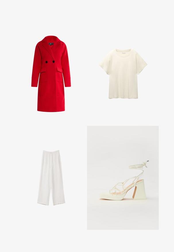 Rode wolblend jas met een tunnere kraag, dubbel-gebreide ontwerp, twee voordelige zakken en lange mouwen. Soepele textuur en getailleerde pasvorm.; Lichtbeige t-shirt met korte mouwen en een ronde halslijn, gemaakt van zachte, gladde stof. Heeft een ontspannen pasvorm en een rechte zoom.; Witte wijde broek gemaakt van een lichte stof. Voorzien van een elastische tailleband met een trekkoord en zijzakken. Zachte textuur.; Witte hoge hakken sandaal met een chunky hak, met een bandjesontwerp en enkelband. Gladde textuur met een plateau voor extra hoogte.
