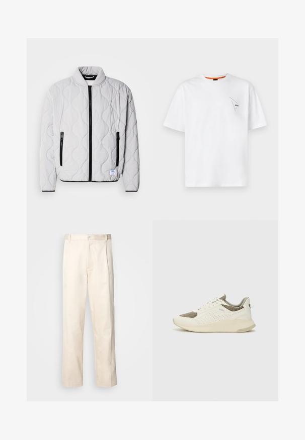 Svetlo siva jakna s prešitjem z dvignjenim ovratnikom, črnimi zadrgami in stranskimi žepi. Vključuje teksturiran valovit vzorec in oznako logotipa.; Bela bombažna majica s kratkimi rokavi, okroglo izrezana, z majhnim črnim logotipom na levem prsnem delu in oranžno podlago znotraj ovratnika.; Bež cottone hlače s ravnim krojem, ki imajo gumbasto zapiranje in nabore spredaj za dodatne detajle.; Beli in svetlo bež športni copat, s mrežastim zgornjim delom, perforiranimi detajli in teksturirano srednjim delom z blagovno znamko na peti.