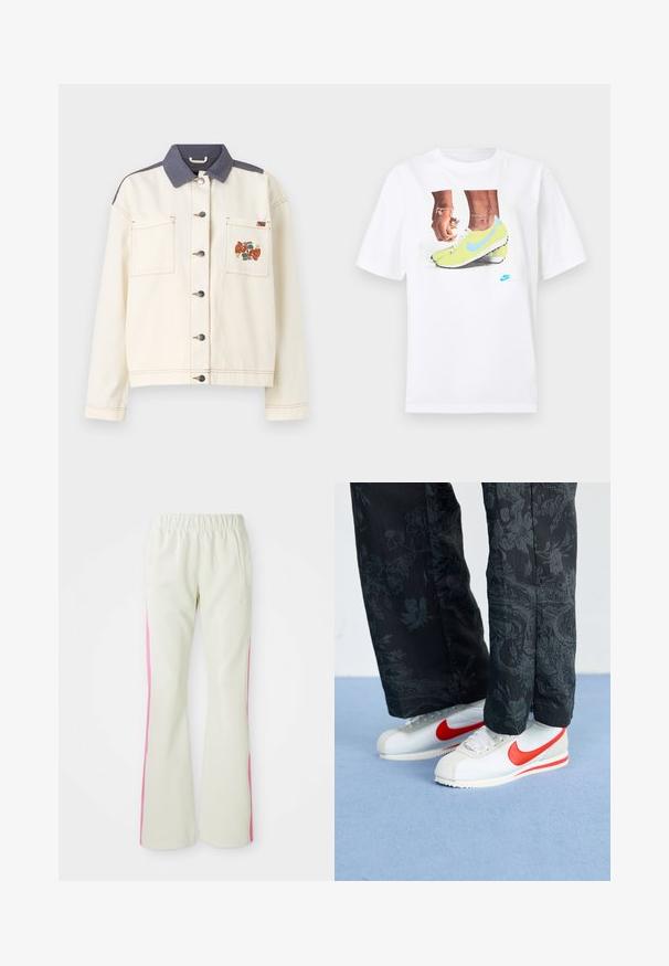 Cream-colored denim jacket with a dark blue collar, two front pockets, silver buttons, and a colorful embroidered pattern on the left pocket.; White cotton t-shirt featuring a graphic of feet in yellow Nike cleats with blue accents, paired with a bracelet on the left wrist.; Light beige pants with an elastic waistband, featuring pink side panels and side pockets. Smooth texture with a straight-leg design.; White Nike sneakers with red accents, paired with black pants featuring a floral pattern. Texture is smooth with a flat braid sole.