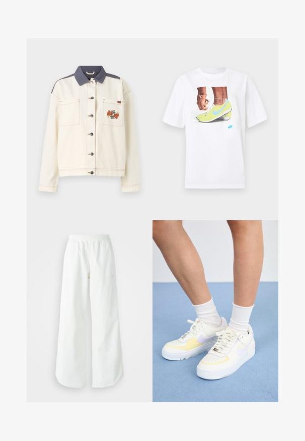 Kremna denim jakna z temno modrim ovratnikom, dvema sprednjima žepoma, srebrnimi gumbi in pisanimi vezeninami na levem žepu.; Bela bombažna majica s potiskom nog v rumenih Nike kopačkah z modrimi dodatki, dopolnjena z zapestnico na levi roki.; Bela športna hlače širokega kroja z rebrastim pasom in diskretno logotipno podrobnostjo. Gladek material z sproščenim krojem in zoženim robom.; Bele usnjene superge z rumenimi in sivimi poudarki, okrogla noska, ravne vezalke in teksturiran gumen podplat. Nosi se z belimi nogavicami.