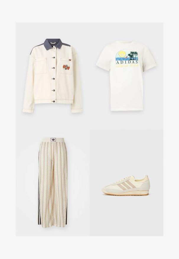 Cremefarbene Jeansjacke mit einem dunkelblauen Kragen, zwei vorderen Taschen, silbernen Knöpfen und einem bunten bestickten Muster auf der linken Tasche.; Weißes Baumwoll-T-Shirt mit einem grafischen Design, das eine Sonne, Palmen und Wasser zeigt. "ADIDAS Sports Club" in grün und gelb aufgedruckt.; Cremfarbene, weit geschnittene Hosen mit einem Zickzackmuster, ausgestattet mit einem schwarzen Logo-Bund und seitlichen schwarzen Streifen. Leichter, strukturierter Stoff.; Cremefarbene sportliche Sneakers mit drei beigen Streifen, aus Wildleder und Textilmaterialien, einer strukturierten Sohle und geprägtem Branding an der Ferse.