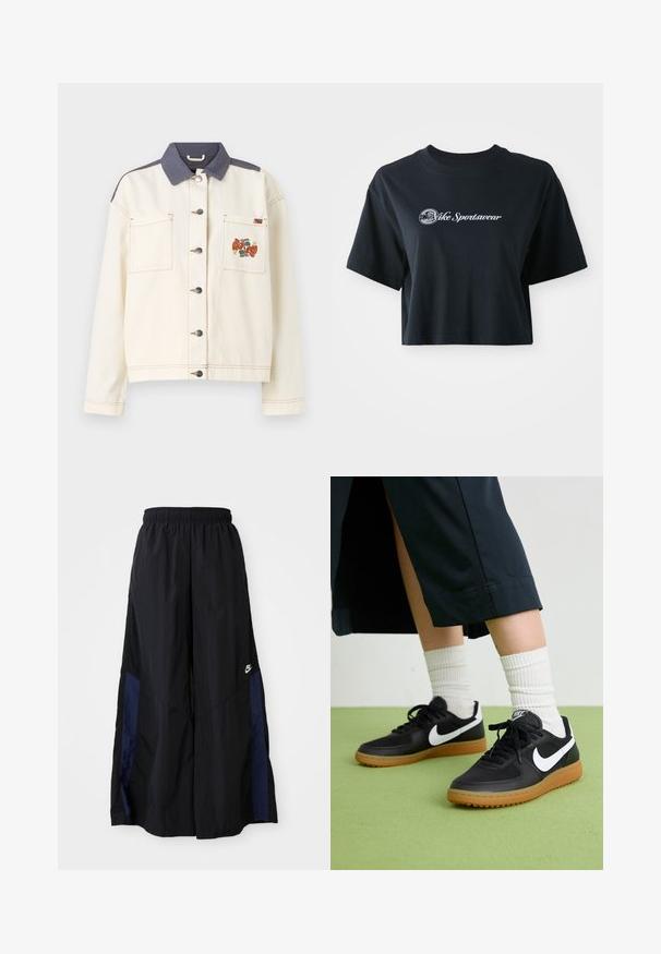 Krem ženski traper jakna s tamnoplavim ovratnikom, dva prednja džepa, srebrnim dugmadi i šarenim izvezenim uzorkom na lijevom džepu.; Skraćena crna pamučna majica s kratkim rukavima, s bijelim natpisom "Vice Sportswear" i kružnom grafikom sprijeda.; Crne hlače širokih nogavica izrađene od lagane tkanine, sa tamnoplavim bočnim panelom i elastičnom stražnjom trakom. Mali bijeli logo je na dnu.; Crne kožne i sintetičke tenisice s bijelim Nike swooshom, gumeni potplat, okrugli vrh i crne vezice. Vidljive rebraste bijele čarape.