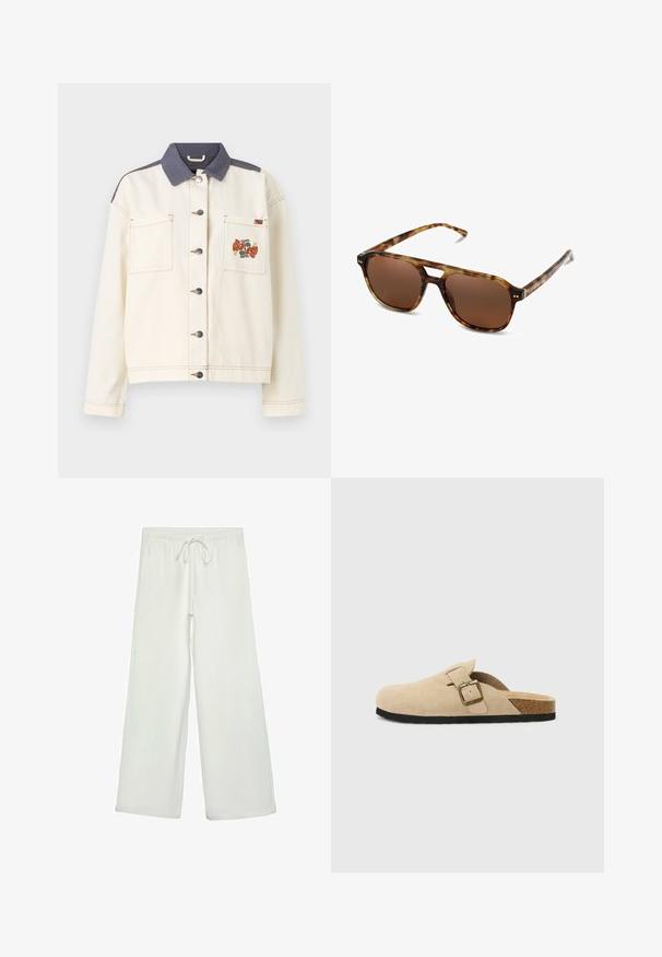 Jasnokremowa kurtka dżinsowa z ciemnoniebieskim kołnierzem, dwoma przednimi kieszeniami, srebrnymi guzikami i kolorowym haftowanym wzorem na lewej kieszeni.; Biała koszulka z krótkim rękawem, wykonana z bawełny. Posiada okrągły dekolt i luźny krój. Gładka faktura bez widocznych wzorów czy akcentów.; Białe spodnie o szerokich nogawkach wykonane z miękkiego materiału. Posiadają elastyczny pas ze sznurkiem i gładką teksturę. Brak widocznych wzorów lub elementów metalowych.; Beżowe zamszowe klapki z korkową wkładką, zaokrąglonym noskiem i prostym paskiem z złotym zapięciem. Gumowa podeszwa zapewniająca przyczepność.; Okulary przeciwsłoneczne w desenie żółwia z brązowymi soczewkami, prostokątnym kształtem i cienkimi zausznikami. Charakteryzują się subtelnymi metalicznymi akcentami na oprawie.