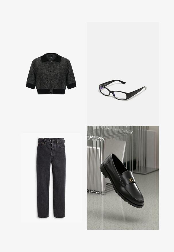 Kort sort cardigan med en struktureret krave, runde knapper og tekstureret stof. Forkortede ærmer og en solid sort kant fuldender designet.; ONLY ONLVENICE ROLLNECK - Striktrøje - light grey melange; Sorte denim jeans med lige ben, der har en knapåbning, kobberhardware og en subtil tekstur. Klassisk fem-lomme design.; Sorte læder loafers med en hævet søm, guld accentlogo og tekstureret rem. Har en tykk, holdbar gummisål.; Sorte rektangulære briller med klare linser. Blank finish, smalle stænger, og lilla nuance synlig i kanterne af linsen.; Guld-tone øreringe med et spiraldesign og lagdelte kurver, der viser en metallisk finish og en glat tekstur for visuel dybde.