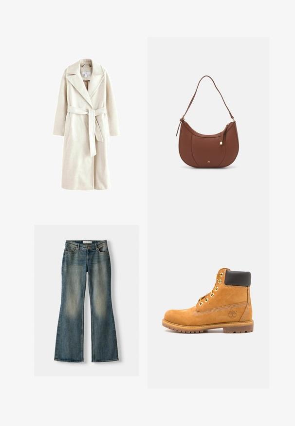 Kreemi värvi trench coat, millel on narmastega krae, pikad varrukad, küljetaskud ja sobiv vöö sulgemiseks. Pehme kangastekstuuri.; Valkoinen t-paita, joka on valmistettu puuvillasta, pyöreällä pääntiellä, lyhyillä hihoilla ja rentona istuvuutena. Suora pinta ilman kuvioita tai koristeluita.; Siniset leveälahkeiset farkut, joissa on haalistunut pesu, viisi taskua ja nappikiinnitys. Materiaalissa on farkkukangas, jossa on hienovaraisia ompeluyksityiskohtia.; Ruskeat nahkaiset nilkkurit mustalla pehmusteella, kultaisilla läpyillä ja teksturoidulla pohjalla. Sivulla on pyöreä logo ja ompeluakkentteja.; Ruskea keinonahkainen olkalaukku, jossa on kaareva muoto, minimaalinen ompelu ja kultasävyinen varuste. Varustettu ylhäältä avautuvalla vetoketjullisella suljennalla ja säädettävällä hihnalla.