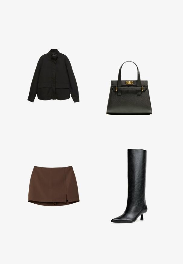 Črna jakna z visokim ovratnikom, sprednjim zadrgo in dvema velikima žepoma s poklopcem. Narejena iz gladkega, lahkega materiala s sproščenim krojem.; Bela bombažna majica s kratkimi rokavi in okroglo ovratnikom. Preprost dizajn, ohlapen kroj, gladka tekstura. Brez vzorcev ali vidnih poudarkov.; Rjava mini krilo iz gladkega blaga, z sprednjim razporkom, čistimi linijami in strukturirano prileganjem. Brez žepov ali izrazitih kovinskih detajlov.; Črne gležnjeke do kolen, narejene iz strukturirane usnje. Imajo koničast toe in majhen, razširjen peto. Eleganten, gladek dizajn z minimalnimi poudarki.; Črna strukturirana toaletna torba z kratkimi ročaji, ki ima zlat zaklep in poudarke. Oblikovanje je strukturirano, s geometrijsko silhueto.