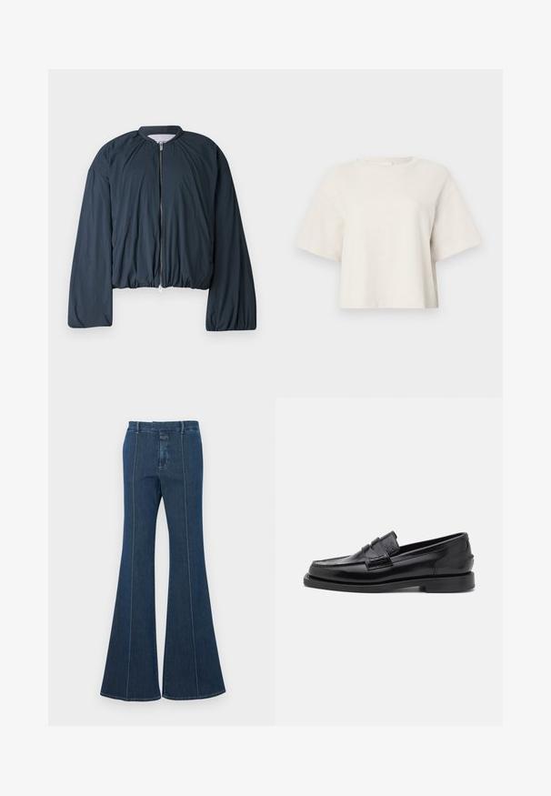 Ναυτικό μπλε μπουφάν τύπου bomber με στρογγυλή λαιμόκοψη, πλήρη φερμουάρ μπροστά και ελαστική μέση. Διαθέτει μακριά μανίκια και ελαφρύ, υφασμάτινο υλικό.; Κρεμ χρώματος κοντό μπλουζάκι φτιαγμένο από ριγέ ύφασμα, με στρογγυλή λαιμόκοψη και κοντά μανίκια σε χαλαρή γραμμή.; Τζιν παντελόνι με φαρδιά μπάσες σε σκούρο μπλε, με δομημένες ραφές και καθαρή φινίρισμα. Διαθέτει μέση με μεσαίο ύψος και φαρδιά, ρέουσα πόδια.; CLOSED LOAFER - Παπούτσια χωρίς κορδόνια - black
