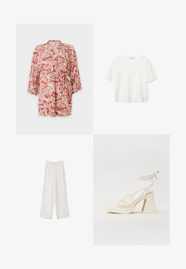 Röd och krämfärgad mönstrad kimono med trekvartslånga ärmar, knytbälte i midjan och blommotiv genom hela tyget.; Vit t-shirt med kort ärm i bomull. Har en rundad halsringning och en avslappnad passform. Slät textur utan synliga mönster eller detaljer.; Vita vida byxor i vid passform gjorda av ett lättviktsmaterial. Har en elastisk midja med dragsko och sidofickor. Slät textur.; Vit högklackad sandal med en kraftig klack, med ett remdesign och ankelband. Slät textur med en plattform framtill för ökad höjd.