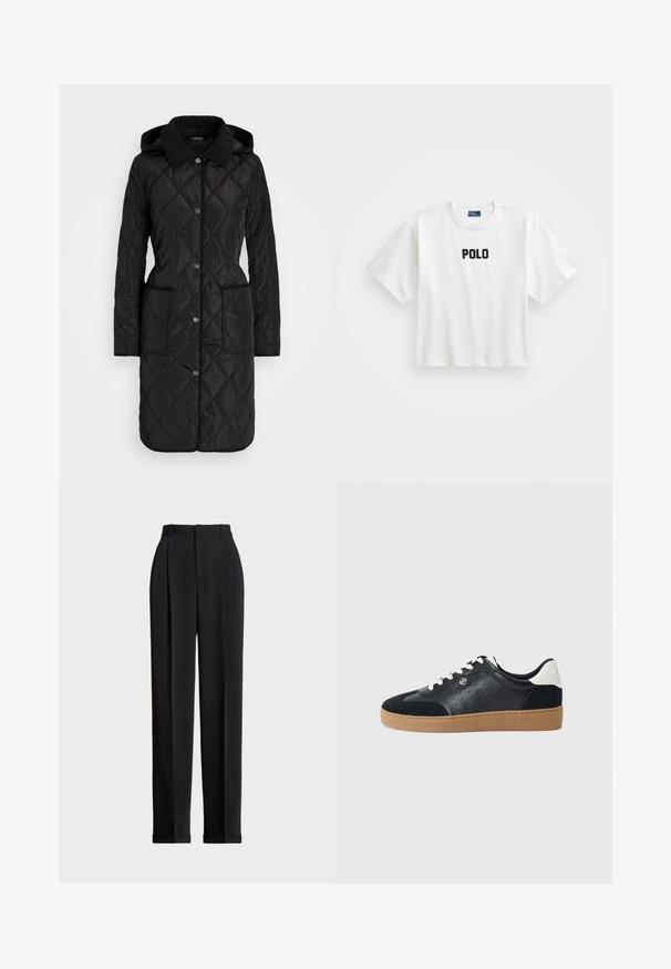 Chaqueta negra acolchada con capucha, botones a presión, dos bolsillos frontales y un cuello texturizado. Presenta un patrón de diamantes en toda su superficie.; Camiseta de algodón blanca con mangas cortas, con un logotipo bordado en negro que dice "POLO" en el frente. Diseño simple y cuadrado.; Pantalones negros a medida con una cintura alta, que cuentan con pliegues en la parte delantera, un diseño de pierna recta y dobladillo con vuelta. Fabricados con un tejido suave.; Zapatillas de cuero y ante negro con suela de goma marrón claro. Presentan cordones blancos y pequeñas perforaciones en los laterales. Logo de Michael Kors presente.