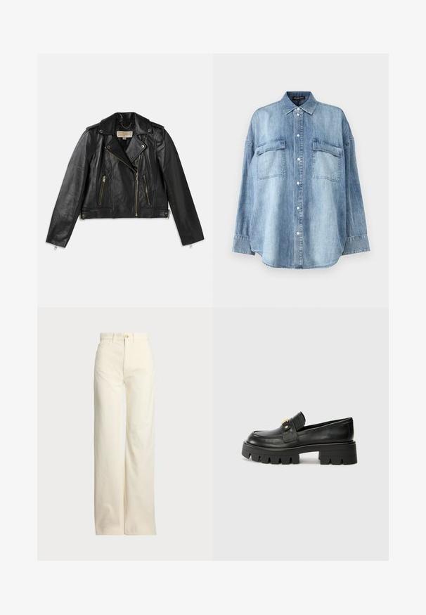 Black leather motorcycle jacket featuring a fitted design, asymmetrical front zipper, two front pockets, and gold-tone hardware accents.; Light blue denim shirt with a pointed collar, front buttons, and two chest pockets. Features long sleeves and a relaxed fit.; Polo Ralph Lauren COTTON CORDUROY WIDE-LEG PANT - Trousers - warm white; Black leather loafers with a chunky sole, featuring a gold-tone accent on the front and a smooth finish. Chunky tread design on the sole.