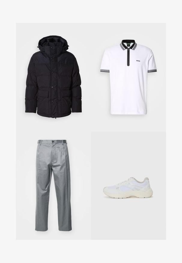Črna napihnjena jakna s kapuco, z zadrgo in gumbom za zapiranje, dvema sprednjima žepoma in paličastim vzorcem.; Bela polo majica z črno-sivo ovratnikom in robovi rokavov, z zadrgo in izvezenim logotipom "BOSS" na levi prsni strani.; Sive hlače iz bombažne mešanice z ravnim krojem, z sprednjim gumbom za zapiranje, zanka za pas in stranskimi žepi.; Bela športna obuvala iz mrežastega in semiš materiala, z teksturiranim podplatom, teksturiranimi dodatki in logotipom "HUGO" na strani.