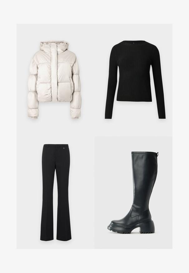 Doudoune beige clair avec capuche, manches longues matelassées, fermeture éclair frontale recouverte d'un large rabat, et poignets côtelés.; Pull ajusté noir à manches longues et côtelé avec un col rond, présenté sur un fond clair uni.; Pantalons évasés noirs en tissu lisse. Taille mi-haute avec passants de ceinture, devant plat et un petit accent doré près de la ceinture.; Botte en cuir noir haute avec semelle plateforme épaisse et talon carré, dotée d'une languette et d'un motif texturé sur la semelle extérieure.