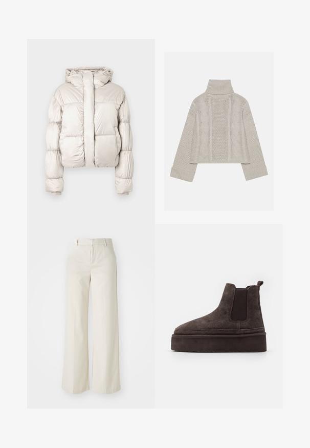 Giubbotto imbottito beige chiaro con cappuccio, maniche lunghe trapuntate, cerniera frontale coperta da un'ampia patta e polsini a costine.; Maglione a collo alto in maglia grigia chiara, con polsini a costine e con motivi a treccia texture lungo la schiena e i lati.; Pantaloni a gamba larga di un colore beige chiaro, realizzati in un tessuto liscio. Presentano una vita classica e una parte anteriore piatta con linee pulite.; Stivali Chelsea in suede marrone con pannelli laterali elastici e una suola piatta spessa e testurizzata. Presentano un'etichetta sul tallone per facilitare l'indossamento.