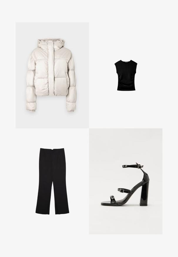 Svetlobéžová prešívaná bunda s kapucňou, dlhými prešívanými rukávmi, predným zipsom zakrytým širokým klopou a rebrovanými manžetami.; Čierna blúzka s krátkym rukávom a priliehavým strihom, s jemne nariaseným detailom po stranách a hladkým, elastickým materiálom pre pohodlie.; Čierne nohavice so strihom rovného strihu, s prednými vreckami a bočnými rozparkami na leme. Vyrobené z mäkkej, hladkej tkaniny. Vhodné na rôzne príležitosti.; Čierne lakované sandále na podpätku so štvorcovou špičkou, navlečenými remienkami okolo členku a striebornými prackami. Disponujú masívnym blokovým podpätkom pre stabilitu.