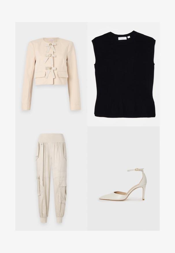 Giacca beige cropped con maniche lunghe, caratterizzata da quattro fiocchi di tessuto e grandi bottoni dorati, completata da due tasche frontali. Tessuto liscio.; Top senza maniche nero in tessuto a maglia, con scollatura rotonda e silhouette aderente con una consistenza liscia. Etichetta sul retro.; Pantaloni cargo beige con vita elastica, polsini affusolati, tasche laterali e dettagli con bottoni. Realizzati in tessuto leggero con una superficie liscia.; Scarpa col tacco alto in pelle bianca con punta affusolata, cinturino alla caviglia e tacco a stiletto sottile. Texture liscia con una finitura leggermente lucida.
