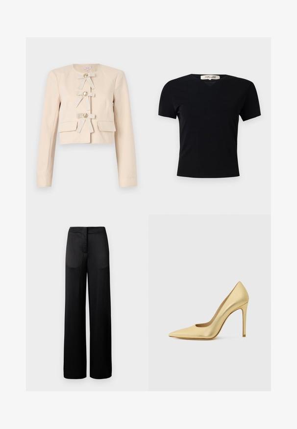 Cropped beige jacket with long sleeves, featuring four fabric bows and large gold buttons, complemented by two front pockets. Smooth texture.; Black short-sleeve t-shirt with a V-neck design, made of a smooth, stretchy fabric. Features a simple, classic silhouette without embellishments.; Wide-leg black trousers with a textured surface, featuring a flat waistband and two side pockets. The fabric appears lightweight and flowing.; Gold metallic pointed-toe high heel shoe with stiletto heel, shown from the side on a plain light background.