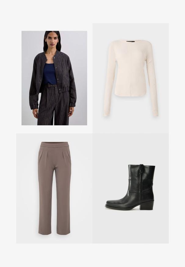 Czarna bomberka w wzory z okrągłym dekoltem, zapięciem na guziki i ściągaczami na rękawach, zestawiona z granatowym dopasowanym topem na ramiączkach.; Długi rękaw, jasnobeżowa bluzka z okrągłym dekoltem. Wykonana z miękkiego materiału, posiada centralny szew oraz lekko zaokrąglony dół. Brak widocznych elementów metalowych.; Sukienki w kolorze taupe o luźnym kroju, z elastycznym paskiem w talii i fałdami z przodu, wykonane z gładkiego materiału.; Czarne skórzane botki za kostkę z okrągłym noskiem, słupkowym obcasem, bocznym zamkiem i przeszyciami na cholewce. Gładka tekstura, klasyczny design.