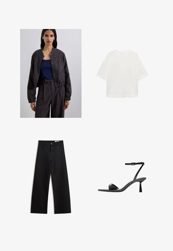 Jacket bomber cu un model închis, cu guler rotund, închidere cu nasturi și manșete ribbate, purtat cu un top din bumbac albastru închis, ajustat.; Tricou alb cu mânecă scurtă, guler rotund, croială lejeră, fabricat dintr-un material moale. Fără modele sau accente, având o linie de tiv standard.; Pantaloni din denim negri cu picioare largi, cu talie înaltă, având buzunare frontale și posterioare, cusături dublate și închidere cu nasture. Textură netedă.; Bershka Sandale cu toc - black
