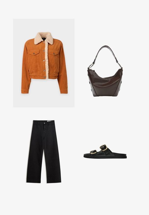 Cordjacke in verbranntem Orange mit einem Kragen aus Kunstschaffell. Verfügt über zwei geknöpfte Brusttaschen und Metallknopfverschlüsse. Kurzes Design.; Hellblaues Denim-Hemd mit langen Ärmeln, spitzem Kragen, zwei Brusttaschen und kontrastierenden Nähten. Verfügt über ein Design mit Westernstil-Yoke.; Schwarze weit geschnittene Jeans mit hoher Taille, ausgestattet mit Vorder- und Hintertaschen, gesteppten Nähten und einem Knopfverschluss. Glatte Textur.; Schwarze Riemensandale mit zwei goldenen Schnallendetails, glattem Material, flachem Sohlen und minimalistischer Gestaltung.; Dunkelbraune Lederhandtasche mit geschwungener Form, Reißverschlussverschluss und kurzem Griff. Sie verfügt über Metallbeschläge und dekorative schwarze Knöpfe an der Seite.