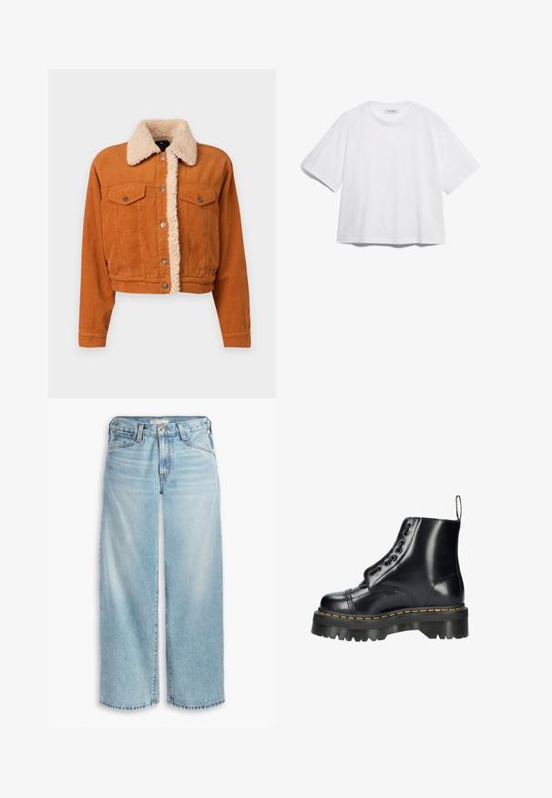 Korts värvitud kuldvillane jakk, millel on vale shetlandi krae. Omab kahte nupuga rinna taskut ja metallnuppude sulgemist. Lühendatud disain.; Valge puuvillane T-särk lühikeste varrukatega, ümar kaelus, vaba lõige ning ilma nähtavate mustrite või graafikateta. Sile tekstuur ja lihtne disain.; Heledad sinised laia säärega teksad, mis on valmistatud denimist, kõrge vöökoht, nööpidega kinnitamine ja kulunud serv. Nähtavad õmblused ja taskud.; Must musta kõrge säärega saabas, millel on jäme tallakate, dekoratiivne pael ja kollane õmblus, ning kanna peal tõmbetöötlemise ribake.