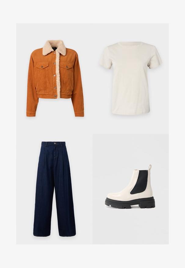 Casaco de veludo cotelê na cor laranja queimado com colarinho de pele sintética. Apresenta dois bolsos no peito com botão e fechos de botão de metal. Design cropped.; T-shirt de algodão de mangas curtas em bege claro com decote redondo e um discreto detalhe de texto na parte da frente. Textura suave e ajuste relaxado.; Calças largas de ganga azul-escura com cintura alta, frente plissada e fecho de botão clássico, apresentando bolsos laterais e costura em contraste.; Bota Chelsea de couro creme com sola preta chunky e painel lateral elástico preto contra um fundo branco liso.