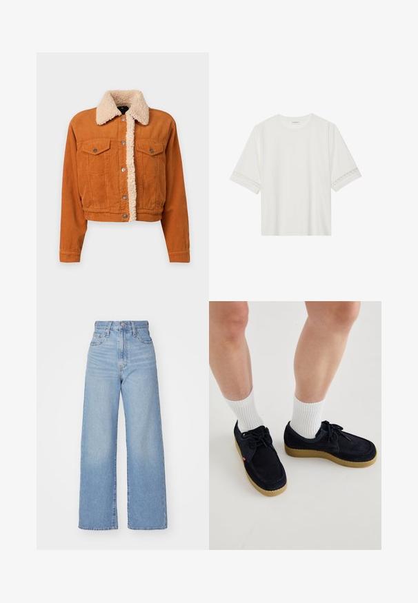 Égetett narancssárga kordbársony dzseki műszőrme gallérral. Két gombos mellzsebbel és fémből készült gombzárral rendelkezik. Rövidített fazon.; Fehér, rövid ujjas póló, pamutból készült, díszes csipkés szegéllyel az ujjak mentén és kerek nyakkivágással.; Világoskék, magas derekú, bő szárú farmernadrág, elülső gombbal és cipzárral, elülső és hátsó zsebekkel, fehér háttérrel.; Tengerészkék velúr cipők kerek orral, fűzős kialakítással és krémszínű gumitalppal. Fehér bordás rövid zoknival párosítva.