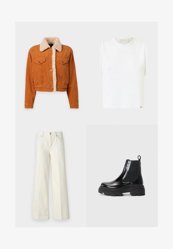 Kortsvept corduroyjacka i bränd orange med en krage av konstläder. Har två knäppta bröstfickor och metallknappar. Korts design.; Vit ärmlös stickad top med rund halsringning, ribbad fåll och sidsömnadsdetaljer; har en liten logotag med varumärke i botten.; Vida vida vita vita vida vita vida vita vita vida vita vitala vita.; Svarta läderankelstövlar med en elegant design, elastiska sidopaneler och en kraftig svart sula. Utrustade med en dragflik baktill för enkel påtagning.