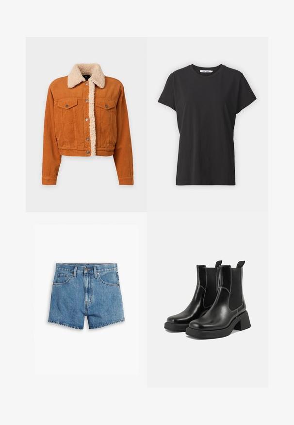 Jachetă din căptușeală de catifea neliniștită, de culoare portocalie arsă, cu guler din imitație de blană de miel. Dispune de două buzunare pe piept cu buton și închideri cu butoane metalice. Design cropped.; Tricou negru din bumbac cu gât clasic, mâneci scurte și o croială lejeră. Textură fină, fără modele sau accente vizibile.; Șorturi din denim de culoare albastră deschisă, cu cinci buzunare, fermoar și închidere cu bătaie. Marginile sunt desfăcute, având un design confortabil.; Botine Chelsea din piele neagră, cu toc masiv, panouri laterale elastice și cusături albe contrastante. Finisaj texturat.