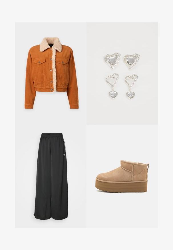 Kordúrová bunda v spaľovanej oranžovej farbe s umelou ovčou srsťou na golieri. Obsahuje dve gombíkové vrecká na hrudi a kovové gombíky na zapínanie. Skraćený dizajn.; Tričko s dlhým rukávom v troch farbách: čiernej, sivej a bielej. Každé má okrúhly výstrih a skrátený strih vyrobený z hladkej, ľahkej tkaniny.; Čierne široké tréningové nohavice vyrobené z hladkej látky. Obsahujú elastický pás a bočné pruhy s logom.; Béžové semišové členkové topánky s mäkkým interiérom, vybavené platformovou podrážkou a malým úchytom na zadnej strane pre jednoduché obúvanie. Textúrovaná gumová podrážka.; Strieborné náušnice v tvare srdca sú zdobené facetovanými čírymi kameňmi s textúrovaným rámom. Sada obsahuje štýly so zapichovaním a visiacich náušníc.