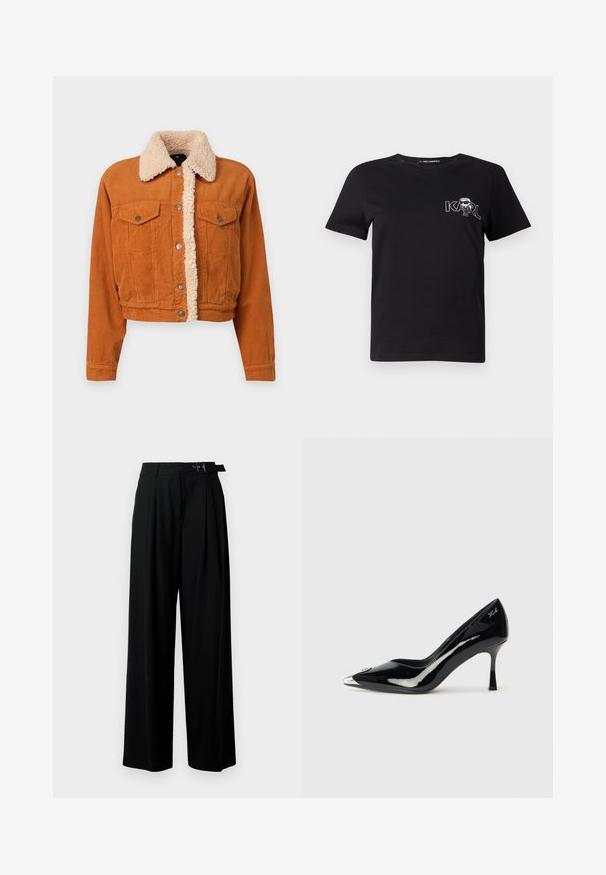 Giacca di corduroy arancione bruciato con colletto in pelliccia sintetica. Presenta due tasche sul petto con bottone e chiusure a bottone in metallo. Design corto.; T-shirt nera a maniche corte in cotone. Presenta una grafica bianca con il testo "KARL" e una figura stilizzata sul petto. Collo rotondo.; Pantaloni neri a gamba larga con vita alta, pieghe nella parte anteriore e una cintura con fibbia. Realizzati in tessuto liscio e leggero.; Décolleté in vernice nera con punta affilata, cappuccio metallico argento e tacco sottile. Presenta una finitura liscia e lucida e un discreto dettaglio con logo.